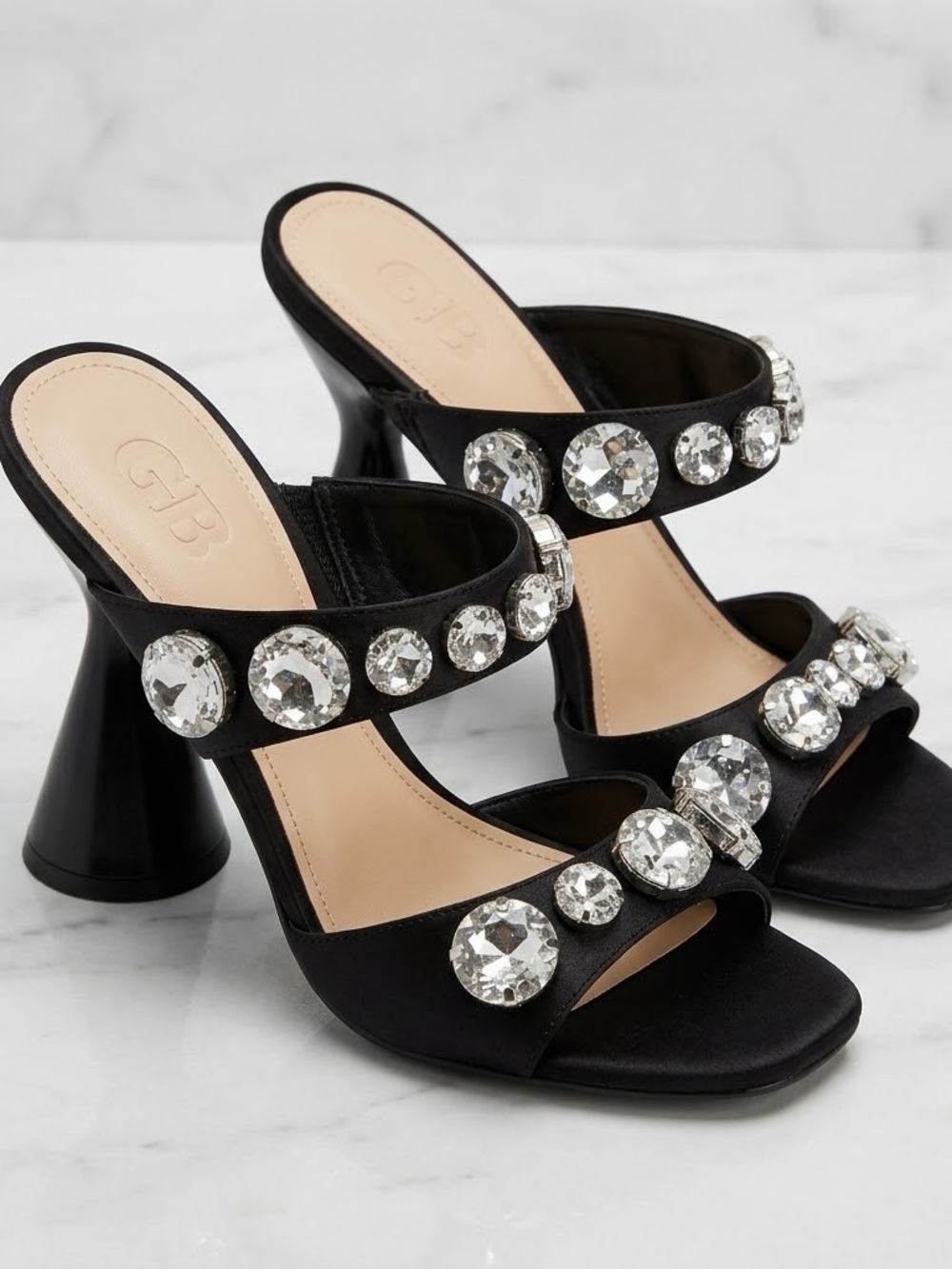 GB News-Flash Satin Jewel Ornament Dress Slide Sandals Black Satin Jewel